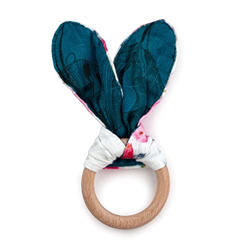 Image of Kanga Care Baby Soft Muslin Sensory Crinkle Bunny Ear Wood Teething Ring - Lily Flowers