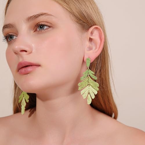 Raffia Long Palm Leaf Earrings, Colorful Handmade Rattan Leaf Drop Dangle Earrings Summer Tropical Beach Jewelry3