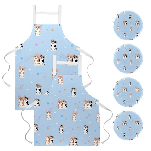 Tablier de cuisine Corgi multicolore lot de 2 grand format avec 4 broches amovibles