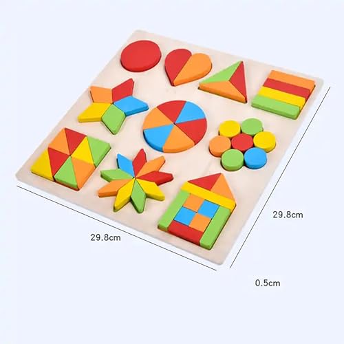 Image of WISHKEY Wooden Shapes Puzzle Learning Toy, Montessori Game Educational Toys for Kids, Intelligence Brain Teaser Puzzle Board with 10 Designer Shapes, Multicolour, 3+ Years (Pack of 1)