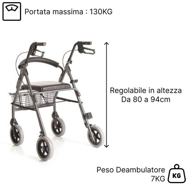 Salute Solare Deambulatore Rollator per anziani, Alluminio, Leggero, Freni manuali e bloccabili, Girello con seduta e 4 ruote, Deambulatore pieghevole, Girello anziani