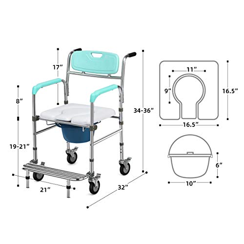 Giantex 3 In 1 Lightweight Shower Commode Wheelchair, Transport Bedside Commode With Wheels, Wheelchair Height And Pedal Adjustable, Shower Wheelchair For Elder, Disabled People (Turquoise & White) #TOP6