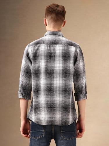 Image of Dennis Lingo Men Black 100% Cotton Full Sleeve Button Down Collar Checks Shirts
