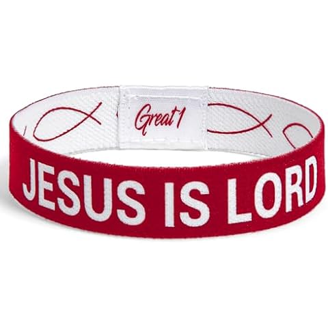 Great 1 JESUS IS LORD Ichthys Symbol/Jesus Fish Bracelet - Inspirational Religious Christian Reversible Stretch Wristband (Red, Medium) Cover