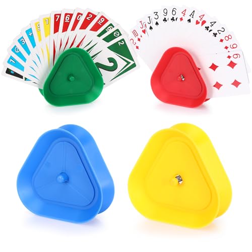 Sprifityy 4 Stück Kartenhalter Kinder 4 Farben Dreieckiger Kartenhalter Spielkarten Spielkartenhalter Kunststoff Wiederverwendbar Karten Halter für Senioren Erwachsene und Kinder Kartenständer