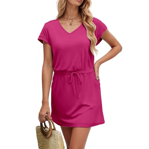 Women's Skirt Suit V Neck Short Sleeve Pure Color Casual Wear Elegant Outfit with Stylish Design (M) Hot Pink
