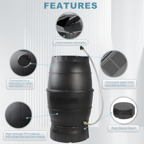 Image of SQUEEZE master 50 Gallon Rainwater Collection Barrel with Stand-BPA Free Home Rain Catcher with Outlet Hose-Flatback Designed Water Storage Collection Barrel for Gardens and Plants