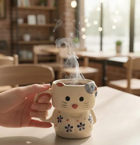 Image of Ceramic Cat Mug with Heart Handle, White Pink, 300ml Capacity, Floral Design Coffee Cup with Lid, Large