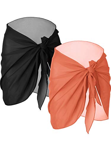 2 Piezas de Pareo de Playa de Mujeres Cubiertas Sarong Falda de Gasa de Bañador (Negro y Naranja)