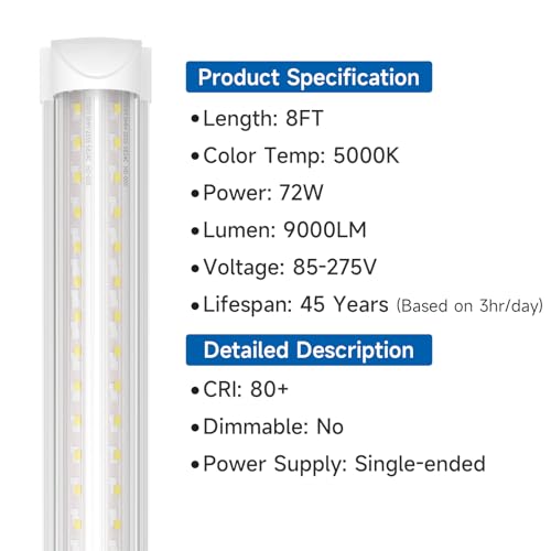 Image of SHINESTAR 8FT LED Shop Light Fixture 12-Pack, 72W 9000LM 5000K Daylight Linkable T8 Tube Lights for Garage Workshop Basement, V-Shape Integrated LED Shop Lights, Plug and Play Installation