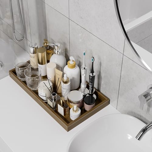 Image of ZHWS Bathroom Vanity Tray for Countertop Perfume Makeup Jewelry Candle Decor, Kitchen Tray for Soap Dispenser Spice Salt, Large Tray for Toilet Tank Paper, Serving Nightstand Brown 13 inchx6.5 inch