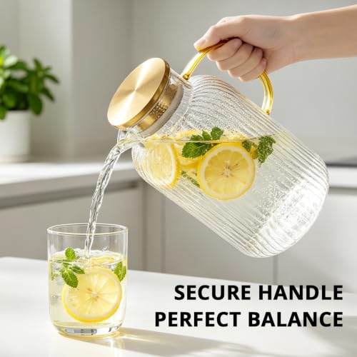 Image of Bivvclaz 3 Liter 101 oz Stripes Gold Glass Pitcher with Lid and Handle
