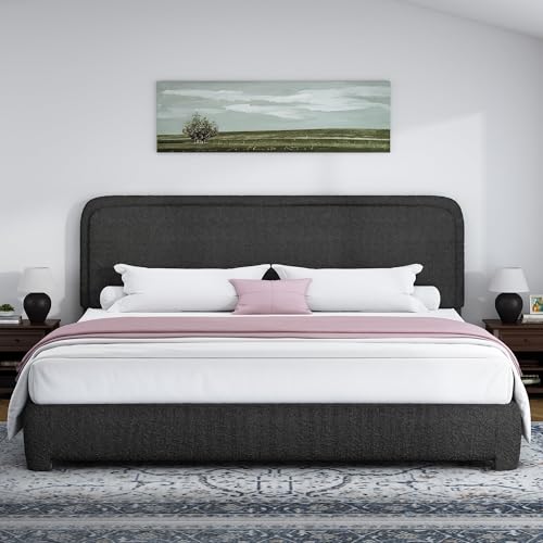 Image of BarnFurin King Bed Frame, Cloud Boucle Headboard, Rounded Corners, Black