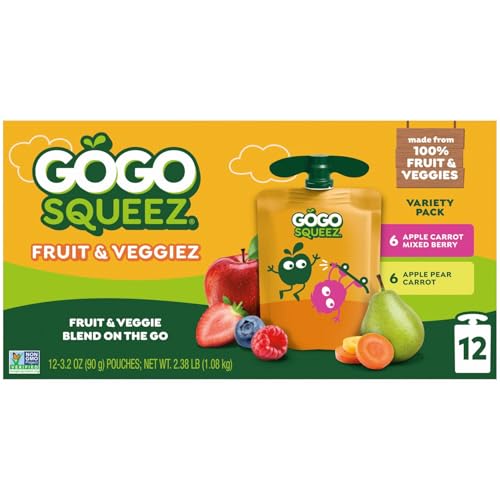 GoGo squeeZ Fruit & veggieZ Applesauce and Puree Variety Pack, Boulder Berry and Zippin' Pear, 3.2 oz (Pack of 12), Unsweetened Snacks for Kids, BPA Free Pouches (Packaging May Vary)