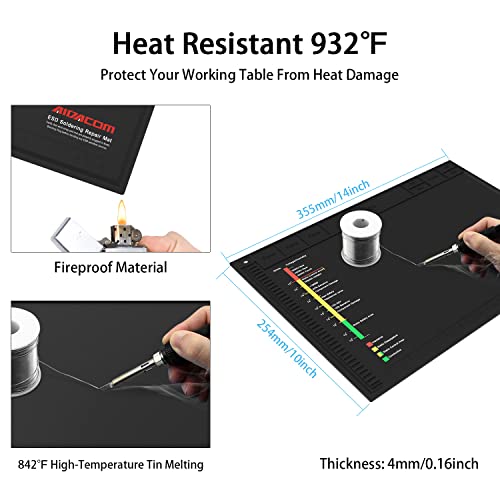14X10 Inch Esd Silicone Soldering Mat,Anti Static Repair Work Mat Tool Kits For Pc Building Includes Grounding Plug Outlet Adpater,Antistatic Gloves,Wrist Strap Bracelet Wristband,Wire Cord,Aidacom #TOP5