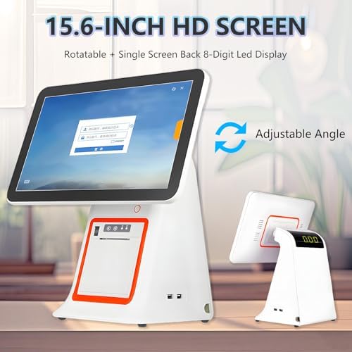 15.6" Touch Screen POS System with Built-in Receipt Printer, Smart Cash Register for Retail & Restaurant, Supports 15 Languages, Compact Design (White, Single Station) image 2