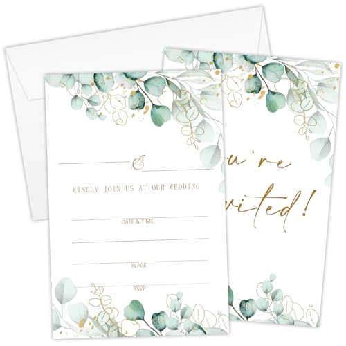 HUQIL Rustic Greenery Wedding Invitations Cards for Mr & Mrs Ideal for Weddings Bridal Shower Watercolor Invites Party Favor & Supplies Double-Sided Fill In Style 25 Pcs with Envelopes - FS627