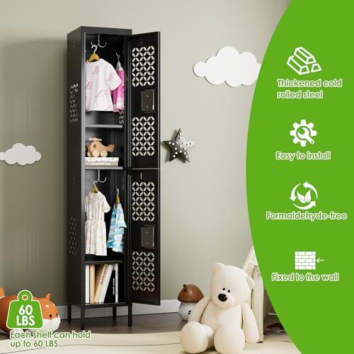 Image of SUPEER 2 Doors Metal Lockers for School,66 inch Tall Metal Storage Lockers with 6 Hooks and 2 Shelves,Standing Narrow Lockers for Gym,Home,66 inch H x 11.81 inch W x 11.81 inch D,Black,Assembly Required