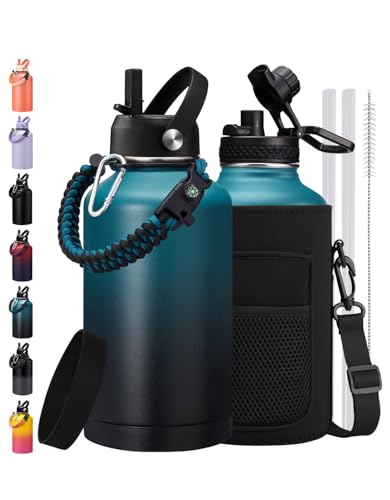 Image of Gallon Water Bottle Insuated - Cold for 48H, 64 oz Water Bottles with Carrier Bag, Straw & Auto Chug Lid, Paracord Handle & Protective Boot, 1 /2 Gallon Water Bottle Stainless Steel Water Jug