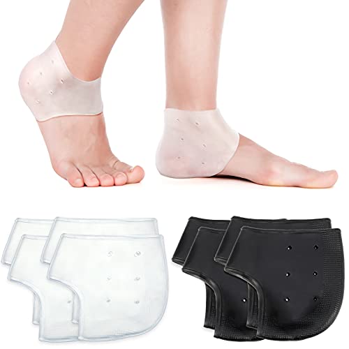 4 Pairs Gel Heel Protectors Breathable Heel Sleeves Pads Gel Heel Cushion Socks Heel Support Back Foot Sleeves for Heel Plantar Fasciitis Insoles Heel Pain Relief and Cracked Heels (White, Black)