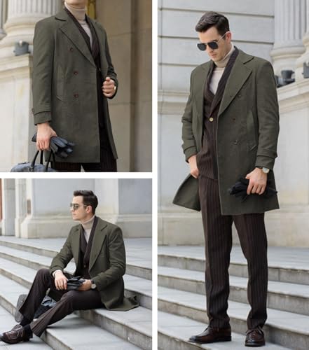 Image of Men's Peacoat Jackets Grey Coats Casual Winter Trench Coat Herringbone Long Jacket Warm Wool Overcoat for Men