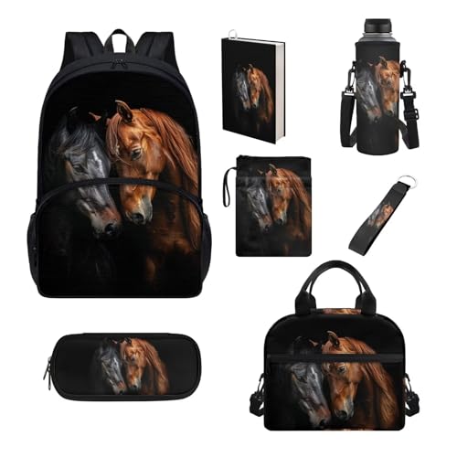 Set di 7 pezzi zaino per scuola elementare primaria sencondaria ragazze ragazzi bookbag borsa pranzo astuccio Cavallo Taglia unica Set di zaini per la