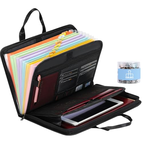 Fireproof 12 Pocket Accordion File Organizer with Zipper & Handle Expanding Folder Organizer for Important Documents Waterproof File Organizer Bag with 60pcs Labels 40pcs Binder Clips