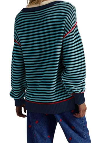 Women's Fall Casual Long Sleeve Sweaters Oversized Crewneck Striped Color Block Y2K Pullover Tops2