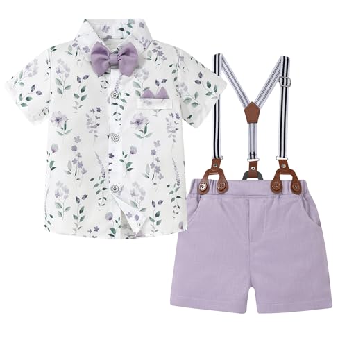 YUEMION Baby Boy Clothes Suits Toddler Summer Formal Short Shirt+ Bowtie+ Suspender Shorts Gentleman Wedding Outfit(Purple + flowers 2-3T)
