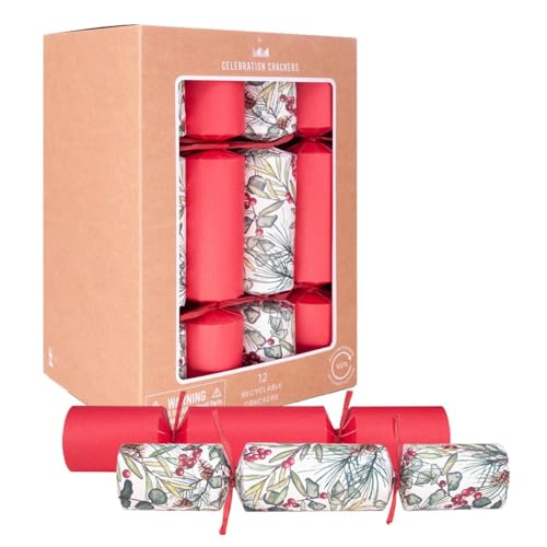 Celebration Crackers – 12 x 12-Inch Kraft Cube Eco Christmas Crackers – Christmas Sprig Mixed Design, FSC Certified, Reusable Metal Gifts, Recyclable Packaging