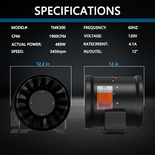 Image of 12 Inch Inline Duct Fan,1900 CFM Inline Fan Duct Fan Constant Speed - Ventilation Exhaust Fan for Heating Cooling Booster, Grow Tents, Hydroponics, NSK /SKF Bearings, ETL Listed