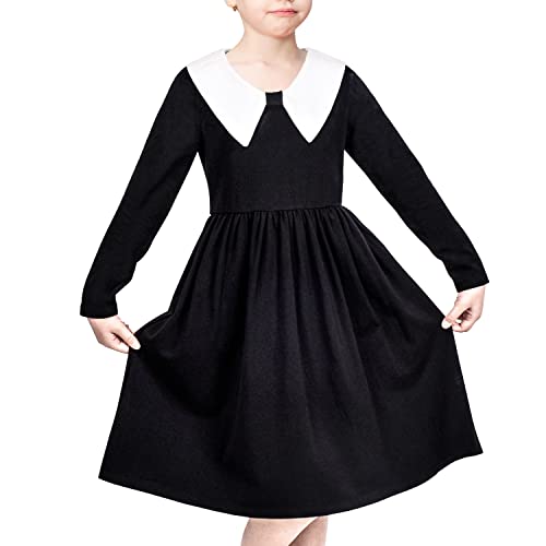 Sunny Fashion Girls Dress White Collar Long Sleeve Daily Cozy Cotton Casual Dress Size 5-10
