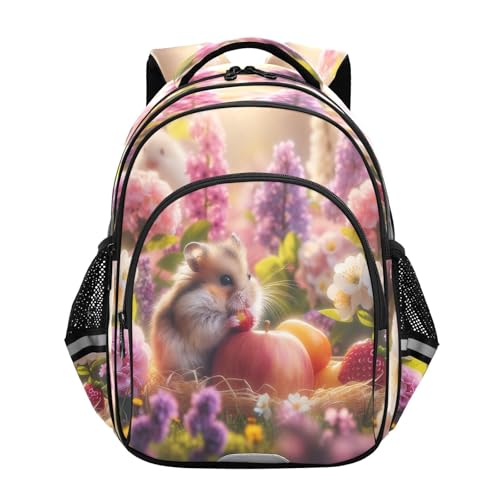 Cute Hamster Floral Kids Backpack for School Ages 8-14, Girls Backpack Elementary School