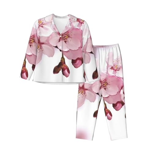 RLDOBOFE Damen-Pyjama-Set, Kirschblüte, langärmelig, Nachtwäsche, modisch, Knopfleiste, weich, Lounge-Set, Schwarz , M