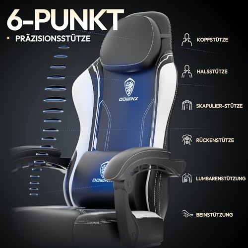 Sedia da gaming, PC, ufficio e videogiochi, ergonomica, dotata di supporto lombare, in pelle sintetica PU, schienale largo, 150 kg, bianco - Sedia gaming - Immagine 5