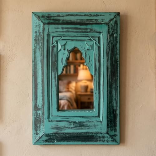 Image of Handcrafted Traditional MDF Wooden Mirror Jharokha Wall Art | Heritage Boho Style Decorative Wall Hanging (Teal Mirror)