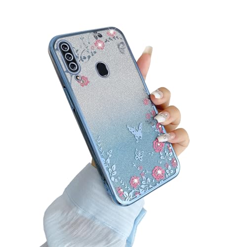 Image of Galaxy A20S Case, Gradual Change Glitter Crystal Soft TPU Stylish Butterfly Floral Heart Clear Protective Cover with Strap for Samsung Galaxy A20S (Blue)