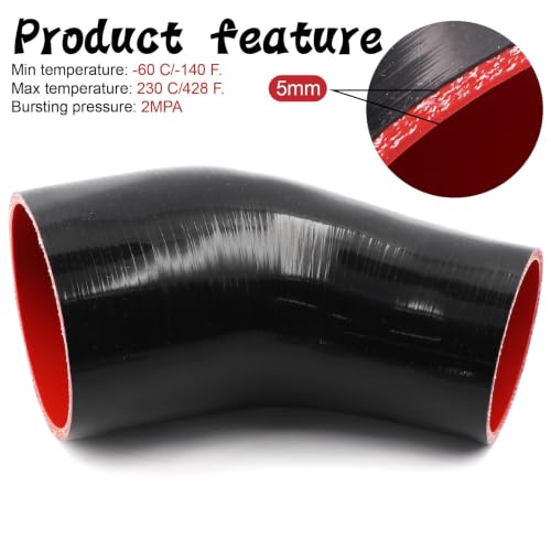 Image of High Performance 45 Degree ID 3 to 4 inch(76-102mm) Elbow Silicone Coupler Hose Reducer, 4-Ply Reinforced Wall Thickness 5mm Length 4 inch for Turbo /Intercooler /Intake Pipe with 2 T-Bolt Clamps