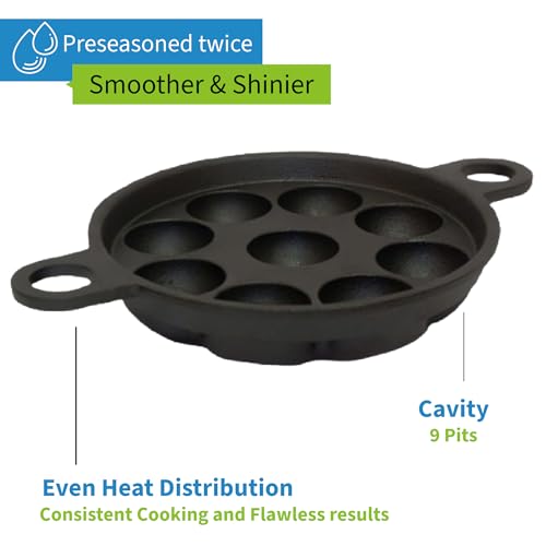 Image of EARTHFIT Cast Iron Appe Pan with Lid and Spatula, Paniyaram Pan, 9 Pit Twin Handle, Durable Paddu Maker Cookware for Traditional South Indian Dishes