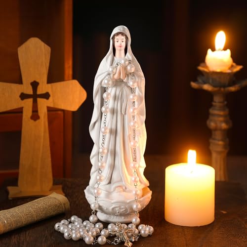 Wonderjune Our Lady of Lourdes Statue Figurine 8'' Bright Ivory Virgin Mary Statue Blessed Catholic Mother Mary Garden Figure Resin Stone Tabletop Rosary Holder Home Office Religious Gifts(Stylish)