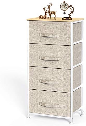 Pipishell Dresser with 4 Drawers, Tall Storage Tower with Sturdy Steel Frame Wood Top，Fabric Dresser Organizer Unit for Bedroom, Hallway, Entryway, Closets, Nursery Room