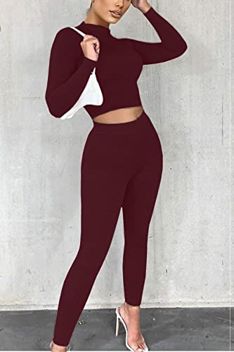 Mulisky Women’s Bodycon Tracksuit 2 Piece Outfit Crop Top High Waist Pants Sweatsuit Set Club Jumpsuits Wine1 L #TOP4