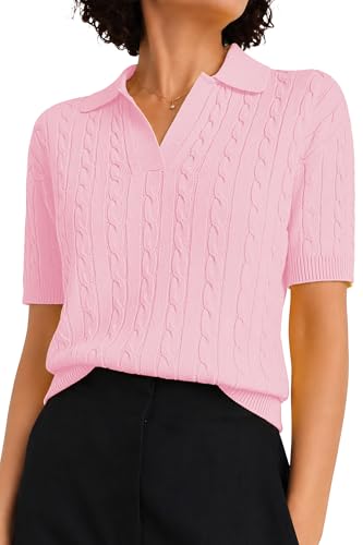 Image of QUALFORT Cable Knit Women's Short Sleeve Sweater Soft V Neck Polo Tops