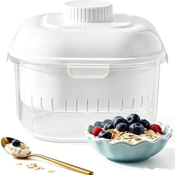 Sitko do jogurtu greckiego, 2500 ml, zmywalny separator serwatki z pokrywką, sitko do jogurtu z ściereczką filtrującą, wielokrotnego użytku, do produkcji grubego jogurtu greckiego (biały1)