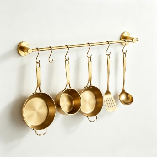 NEWRAIN Hanging Pot Rack for Wall Mount – 17.5 Inch Stainless Steel Brushed Gold Pot Rack with 5 Hooks, Space-Saving Organizer, Perfect for Small Kitchens, Pots, Pans, Mug& Towel.