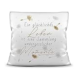 PR Print Royal Kissen mit Spruch - EIN glückliches Leben unvergesslicher Momente - Statement Deko-Kissen, Geschenk für Familie und Freunde - Kissen Polyester Weiß, 40x40 cm, inkl. Füllung