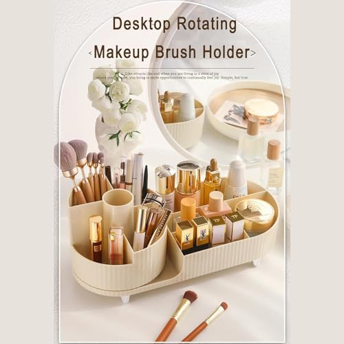 Image of COOFANDY New Rotating Makeup Organizer for Vanity with Brush Holder, Large Capacity Cosmetic Display Case, Countertop Makeup Perfume Skincare Organizer, Spinning Lotions Display Case (OFF-WHITE)