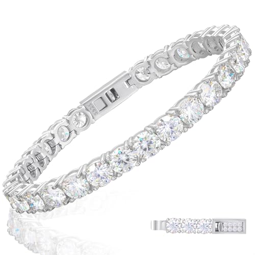 3MM Moissanite Tennis Bracelet for Women Moissanite Bracelet Men 18K White Gold Plated S925 Sterling Silver Bracelets 5.82 Carats D Color VVS1 Round Brilliant Cut Bracelets 7 Inch Charm Bracelets