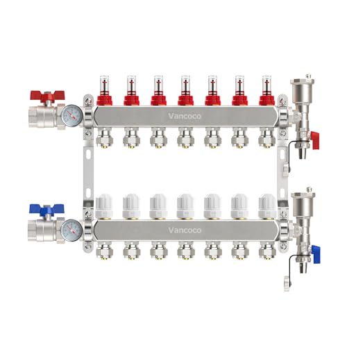 VANCOCO - Colector de suelo calefactor de acero inoxidable para 7 circuitos con conexión Eurokonus 3/4 (16 x 2 mm), colector para calefacción con caudalímetros, kit de purga rápida, válvulas de bola