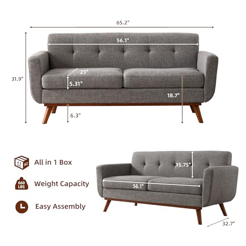 Image of Kingfun 65.2 inch W Loveseat Sofa, Mid Century Modern Decor Love Seat Couches for Living Room, Button Tufted Upholstered Furniture, Solid & Easy to Install Small Couch for Bedroom Office Apartment, Grey